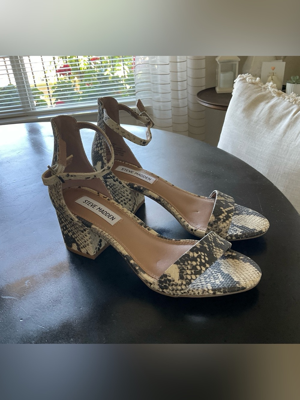 Steve Madden Snake Print Ankle Strap Block Heel Sandals - Black and Cream